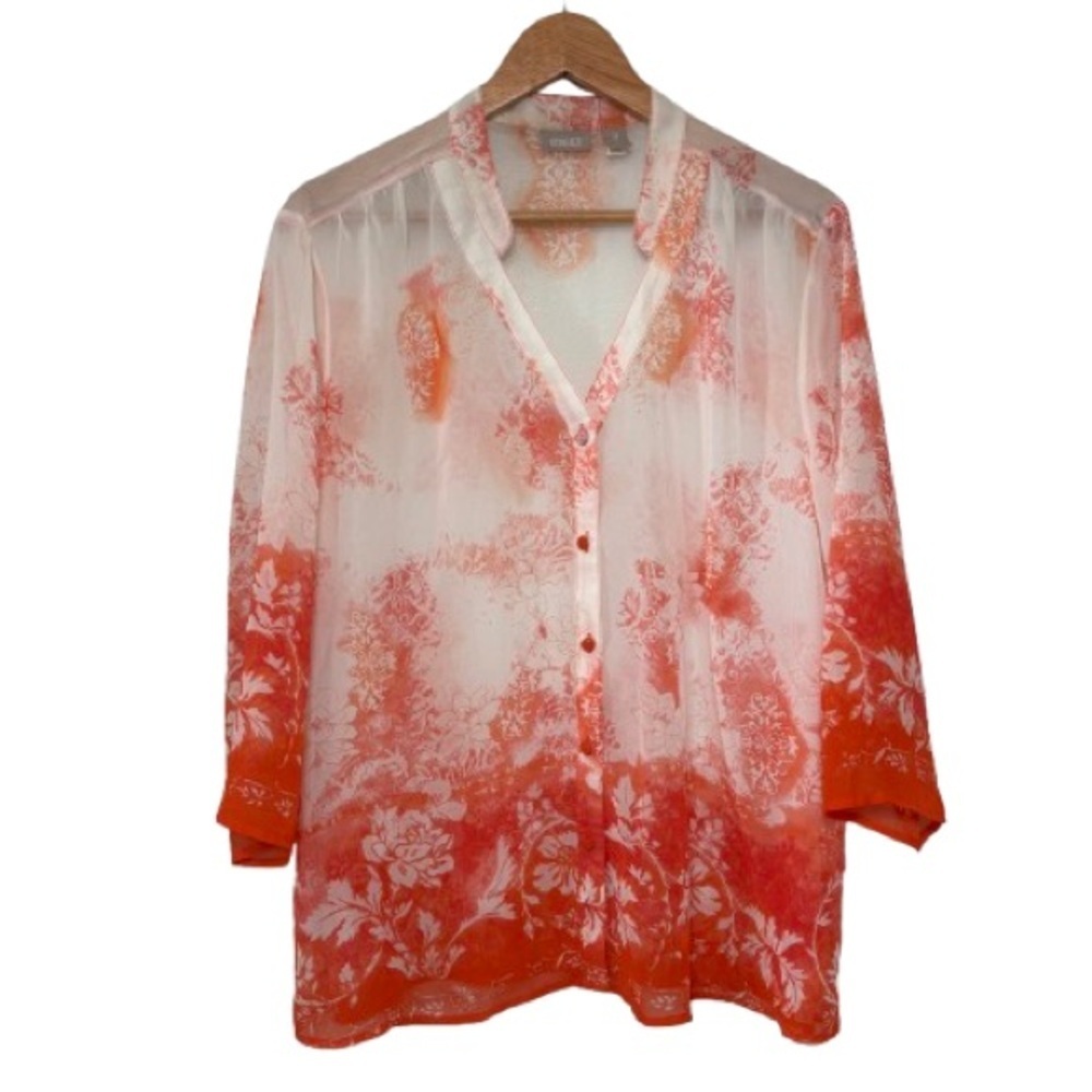 Chicos Orange/Pink Sheer Watercolor Floral Button Up Blouse Size L Chicos 3